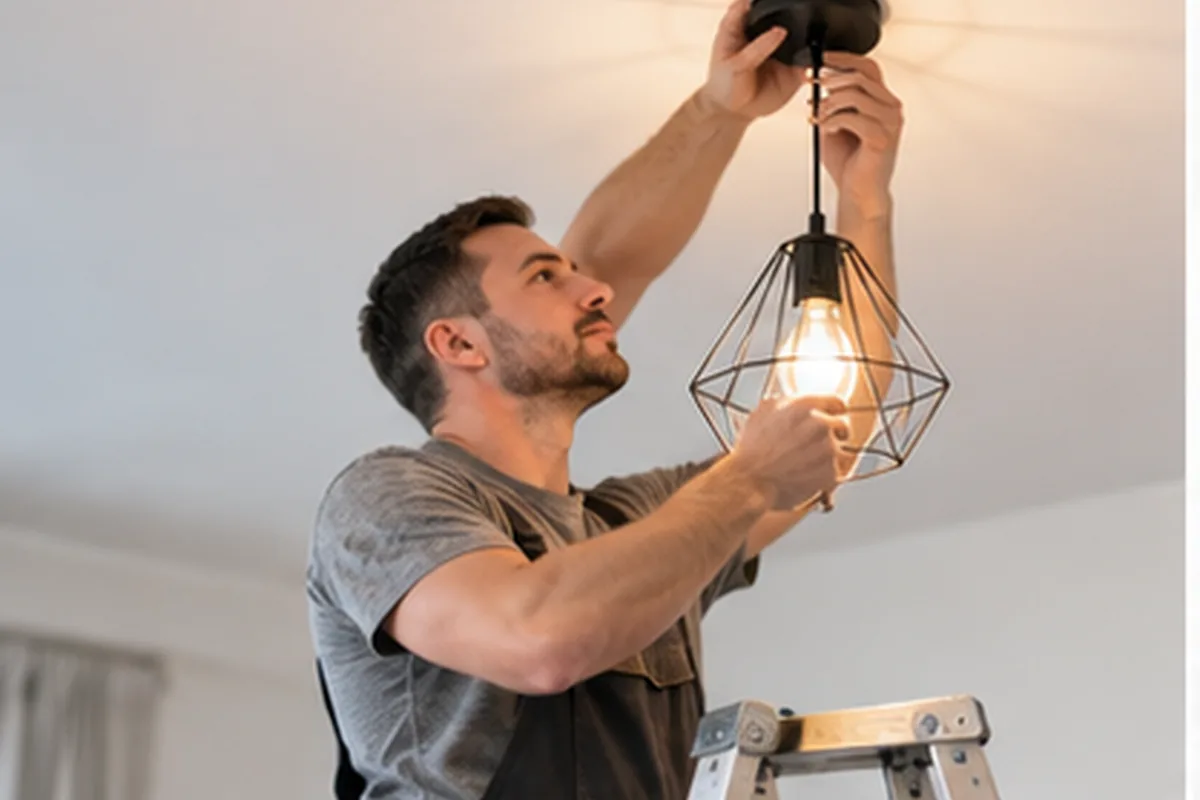 Electrician montând un corp de iluminat