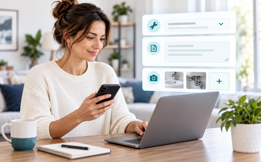 Client care completează o cerere pe laptop și telefon