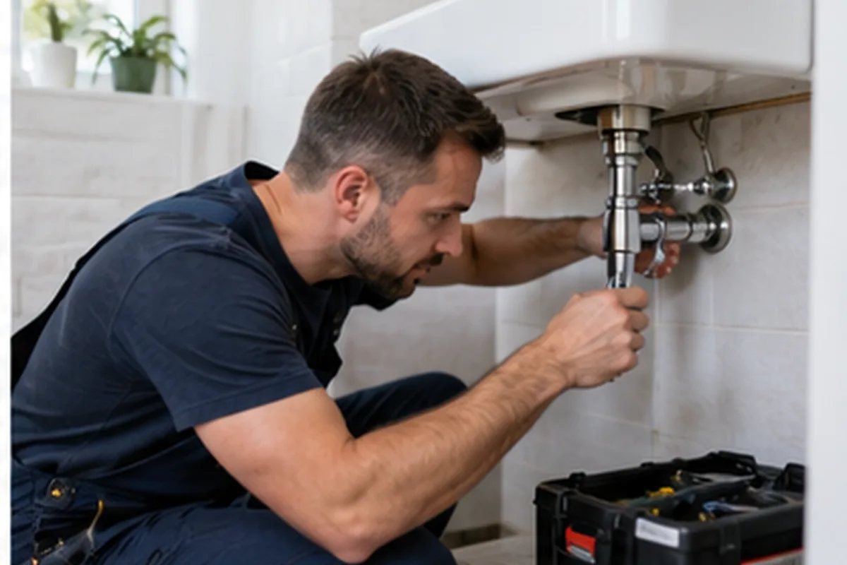 Instalator lucrând la o chiuvetă