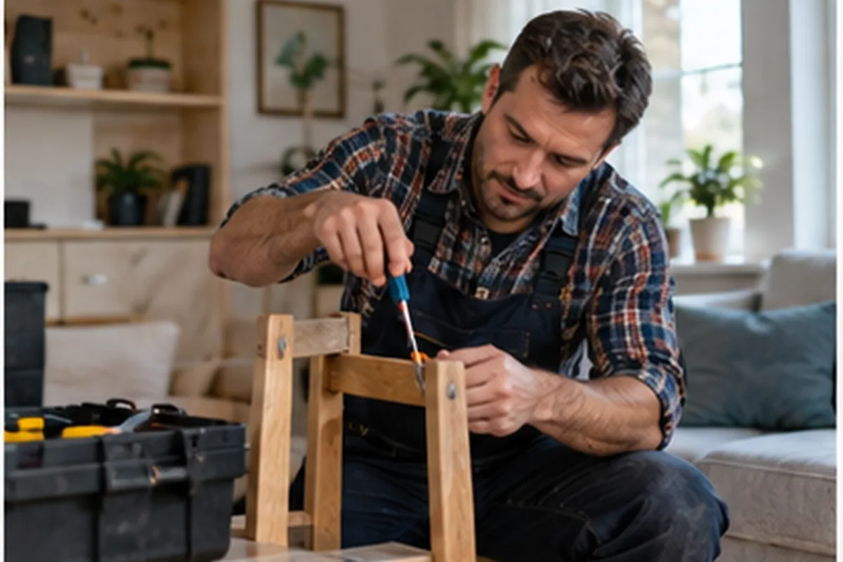 Prestator reparând o piesă de mobilier cu unelte