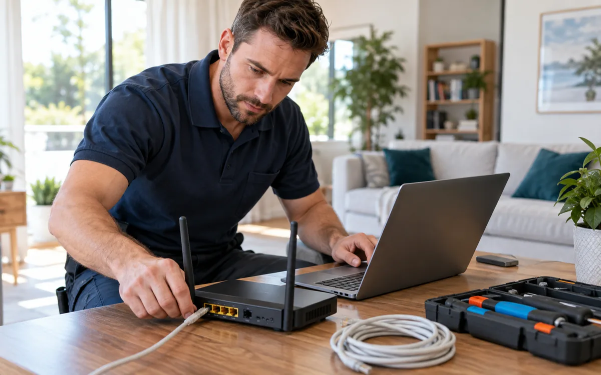 Tehnician IT configurând un router și un laptop